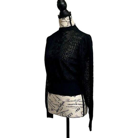 Zara Womens Black Long Sleeve Open Knit Sheer Pullover High Neck Cropped M Boho - Picture 2 of 8